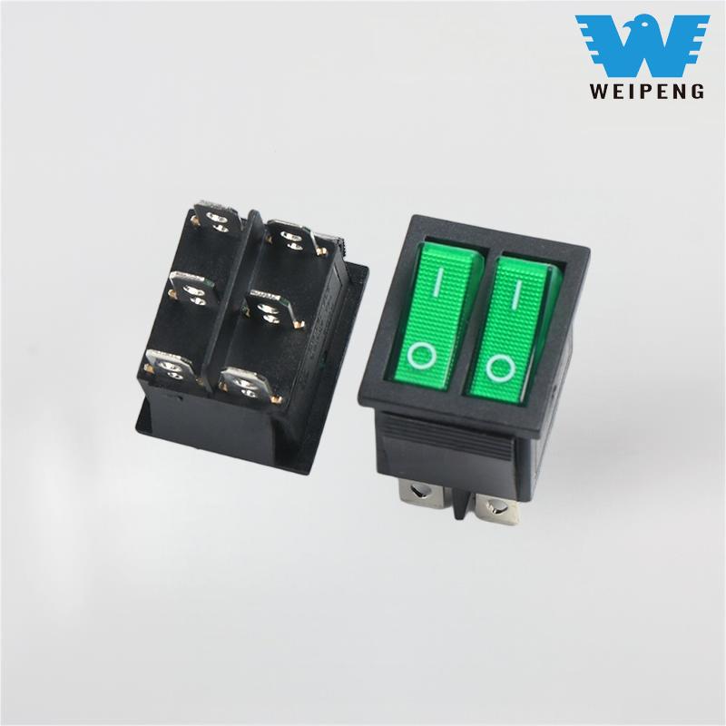 KCD4 Double-Pole 2-Position 6-Pin Rocker Switch na may Green Light