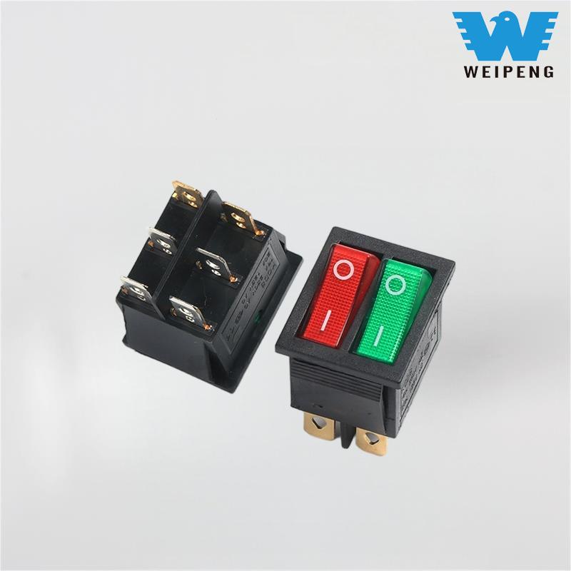 Kcd4 Double Rocker Boat-Shaped Switch Dpdt 6-Pin na may Pula at Berde na Ilaw